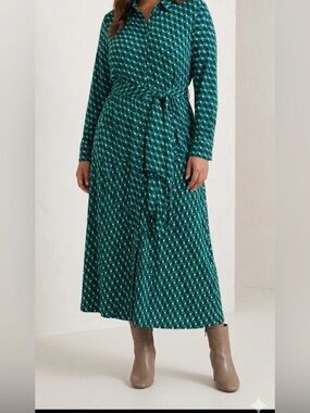 Boden Teal and Navy Geometric Long-Sleeve Shirt Dress